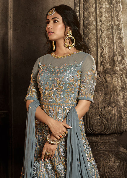 Grey and Gold Embroidered Anarkali