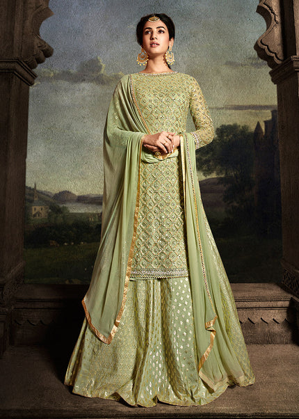 Green and Gold Embroidered Palazzo Suit