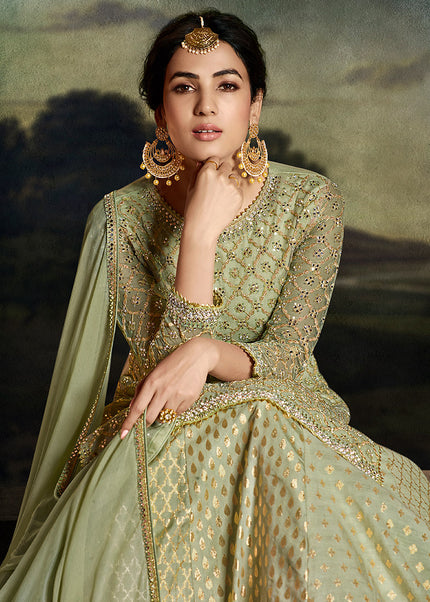 Green and Gold Embroidered Palazzo Suit