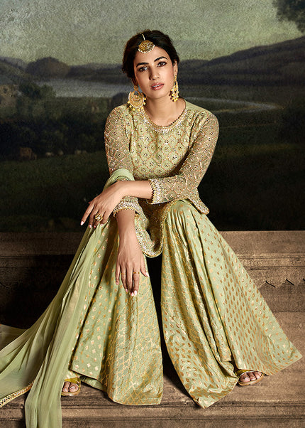 Green and Gold Embroidered Palazzo Suit