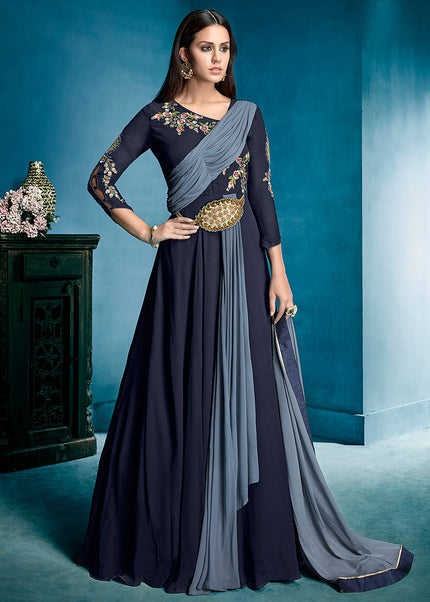 Blue Grey Embroidered Anarkali Gown
