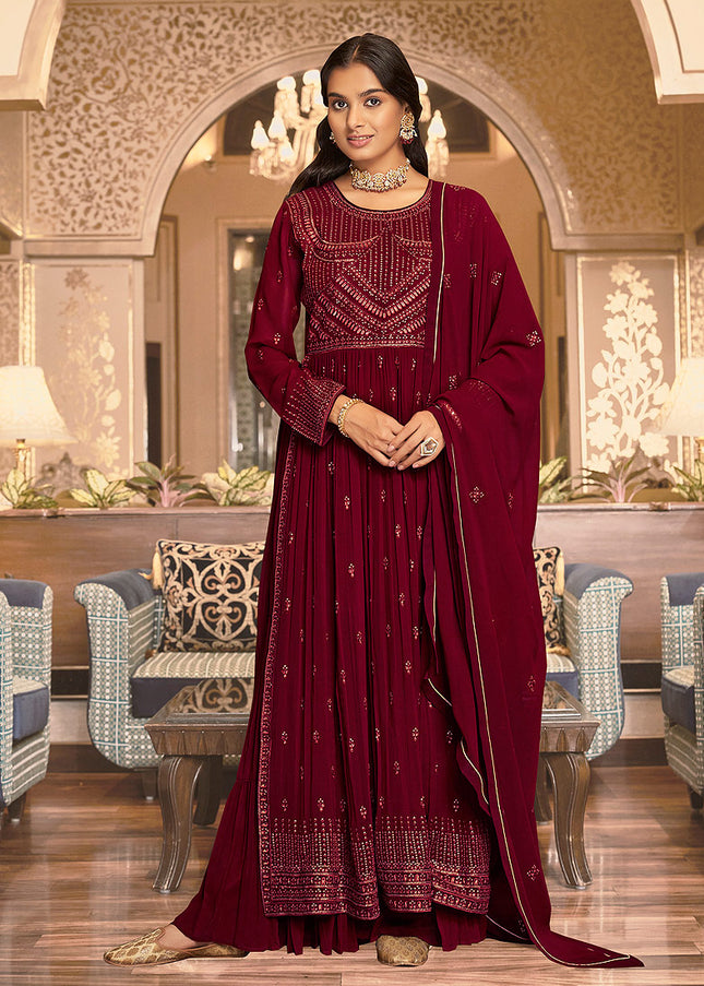 Maroon and Gold Embroidered Sharara Suit