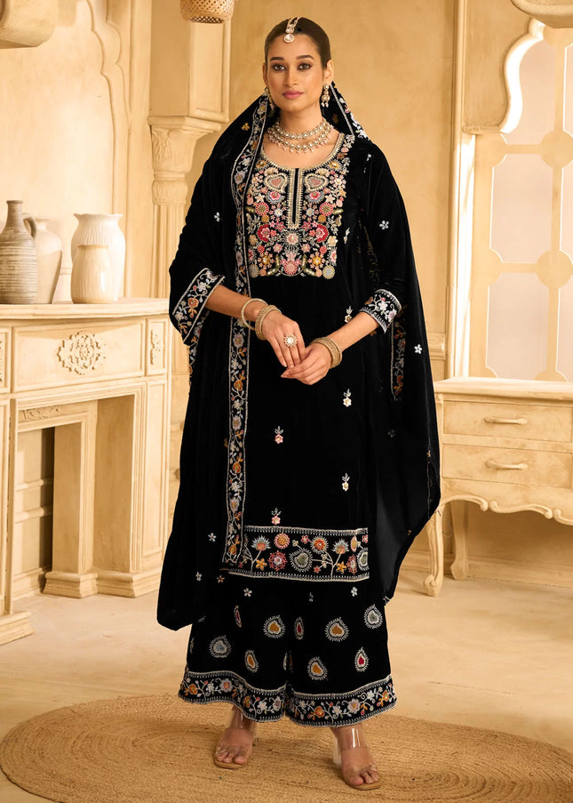 Navy Blue Embroidered Palazzo Suit