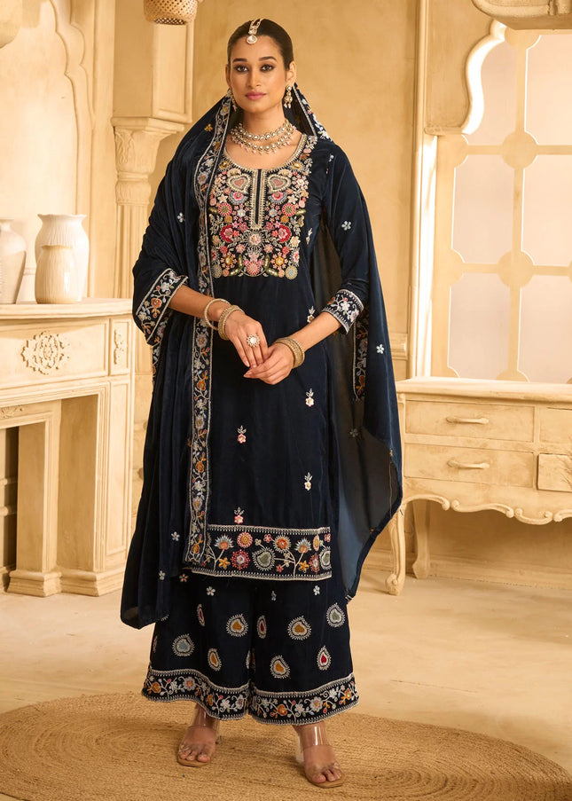 Black Embroidered Palazzo Suit