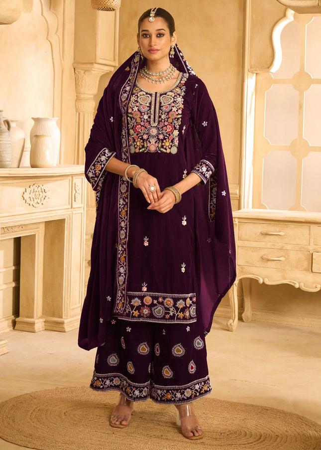 Purple Embroidered Palazzo Suit