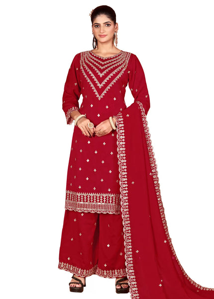 Red Embroidered Palazzo Suit
