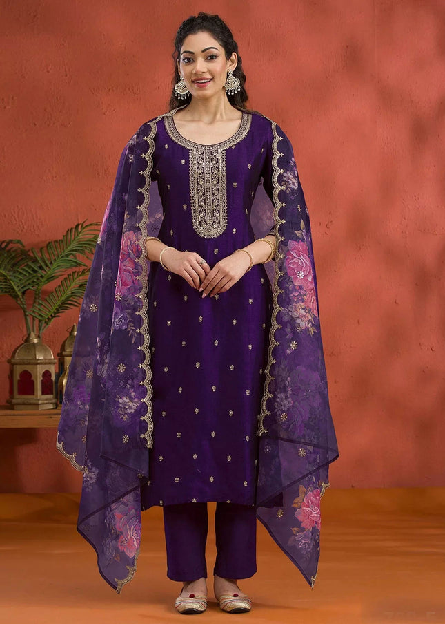 Purple Embroidered Pant Suit