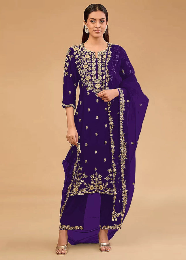 Purple Embroidered Pant Suit