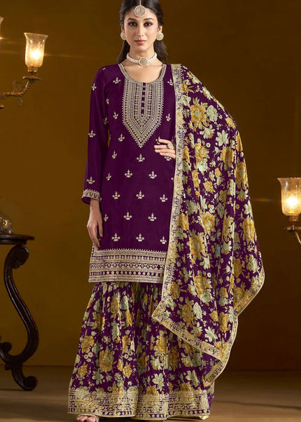 Purple Embroidered Gharara Suit