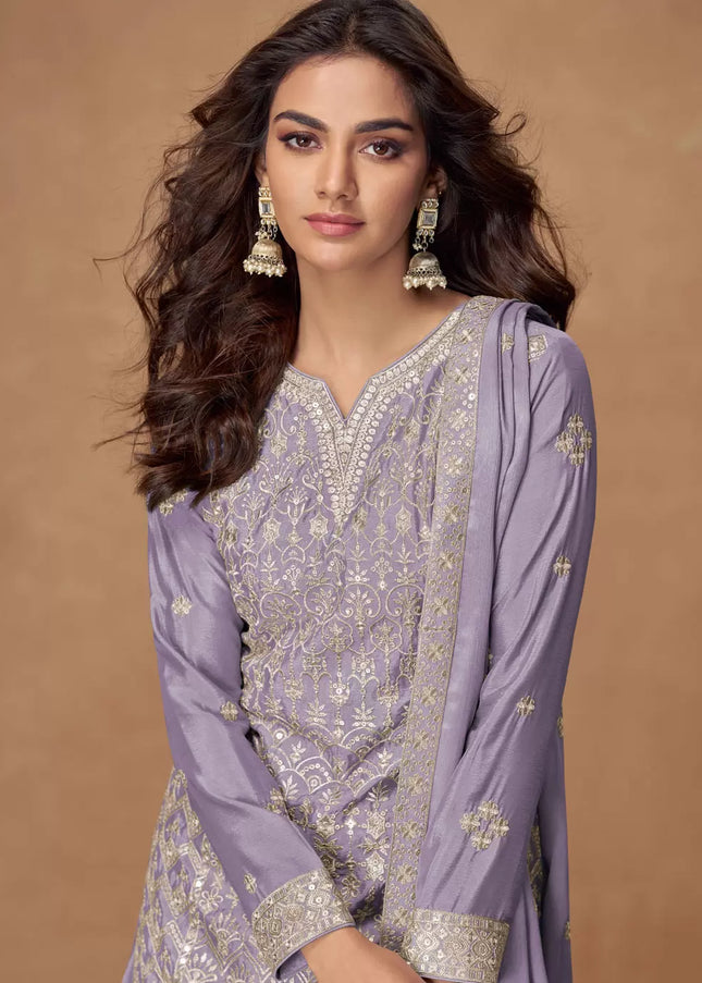 Lavender Embroidered Sharara Suit