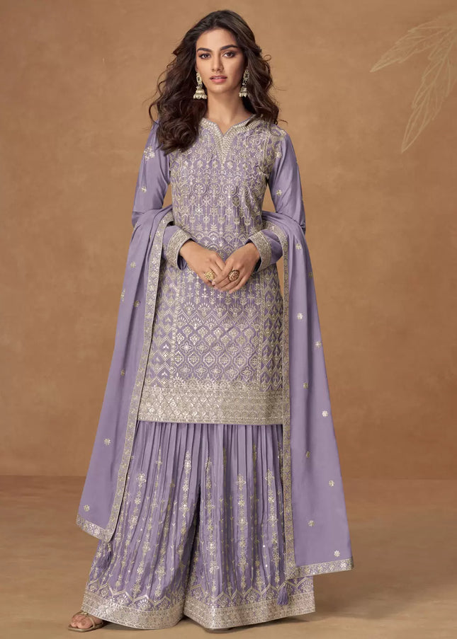 Lavender Embroidered Sharara Suit
