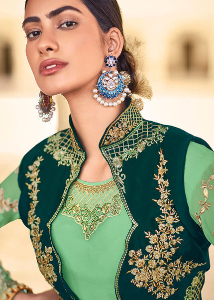 Green and Gold Embroidered Jacket Style Anarkali