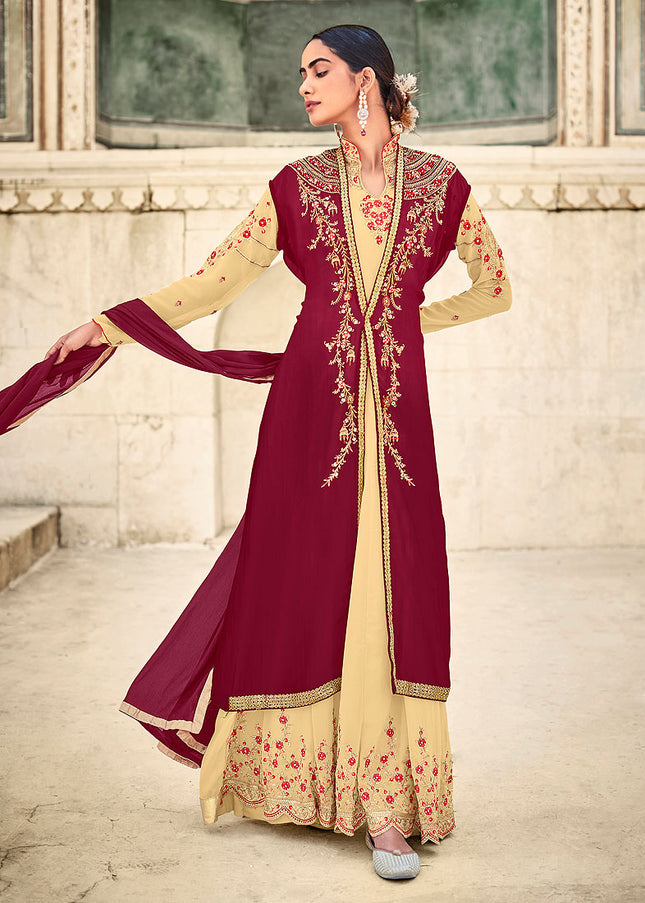 Red and Beige Embroidered Jacket Style Anarkali