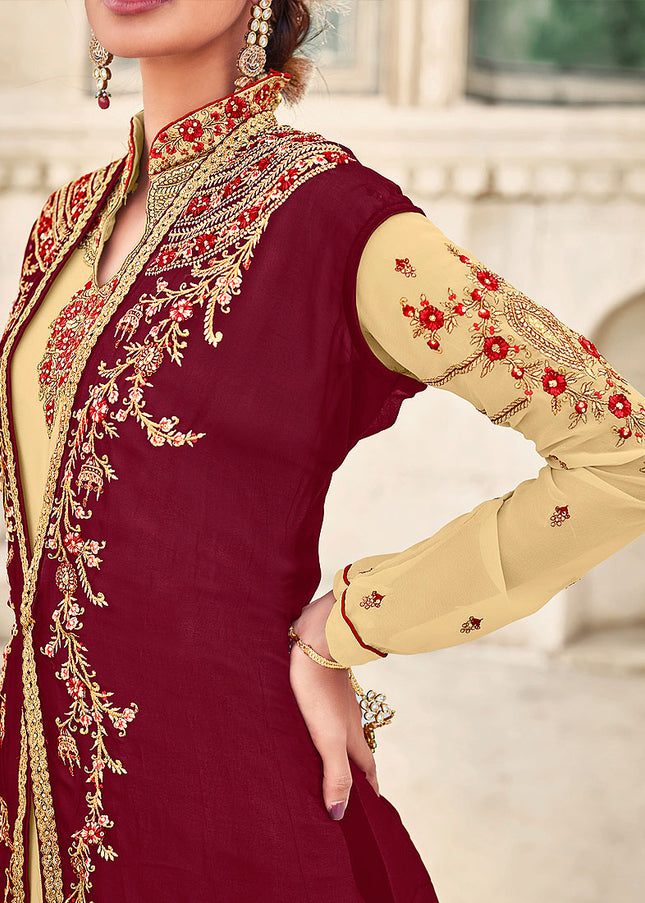 Red and Beige Embroidered Jacket Style Anarkali