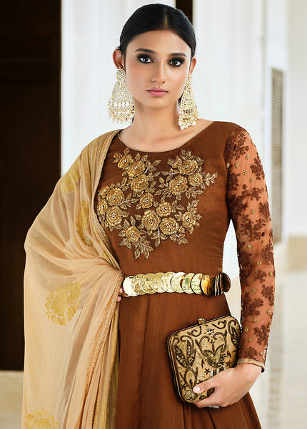 Brown and Gold Embroidered Pant Style Anarkali