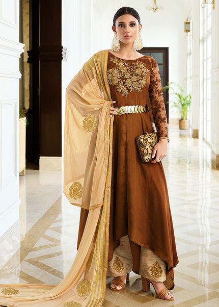 Brown and Gold Embroidered Pant Style Anarkali