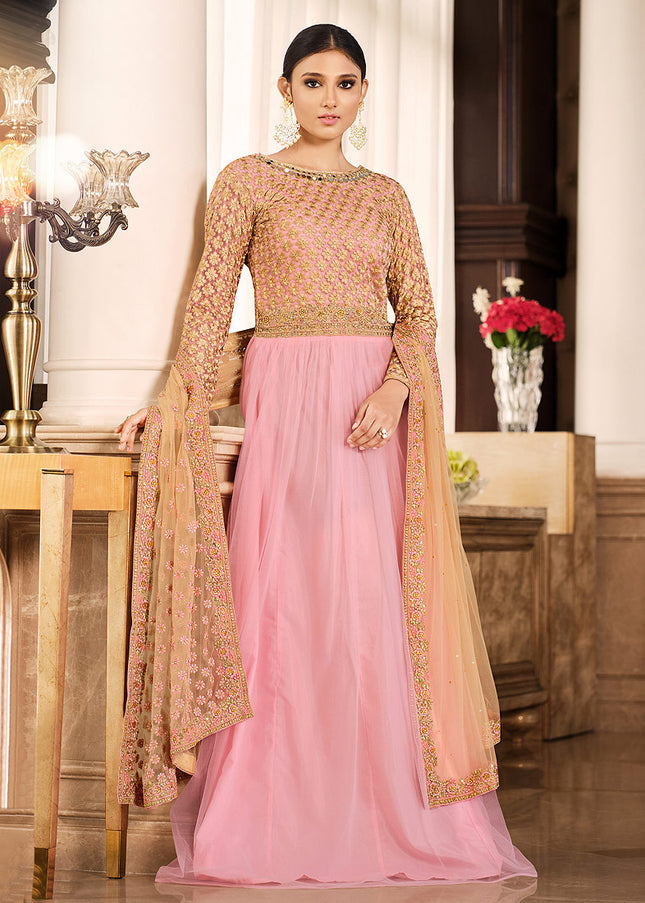 Peach Pink and Gold Embroidered Anarkali