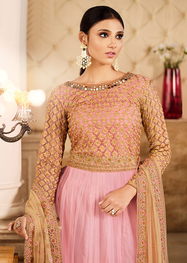 Peach Pink and Gold Embroidered Anarkali