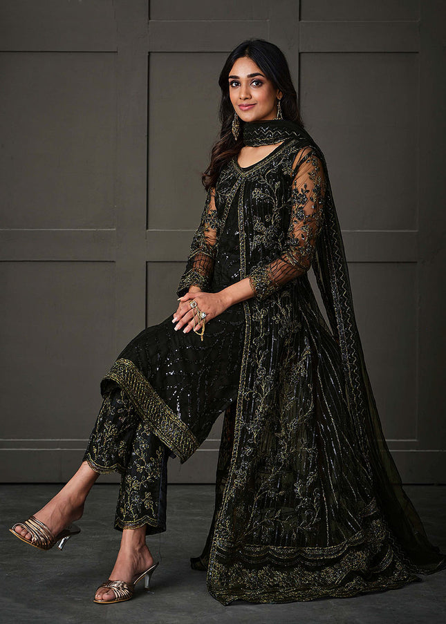 Black and Gold Embroidered Jacket Style Suit