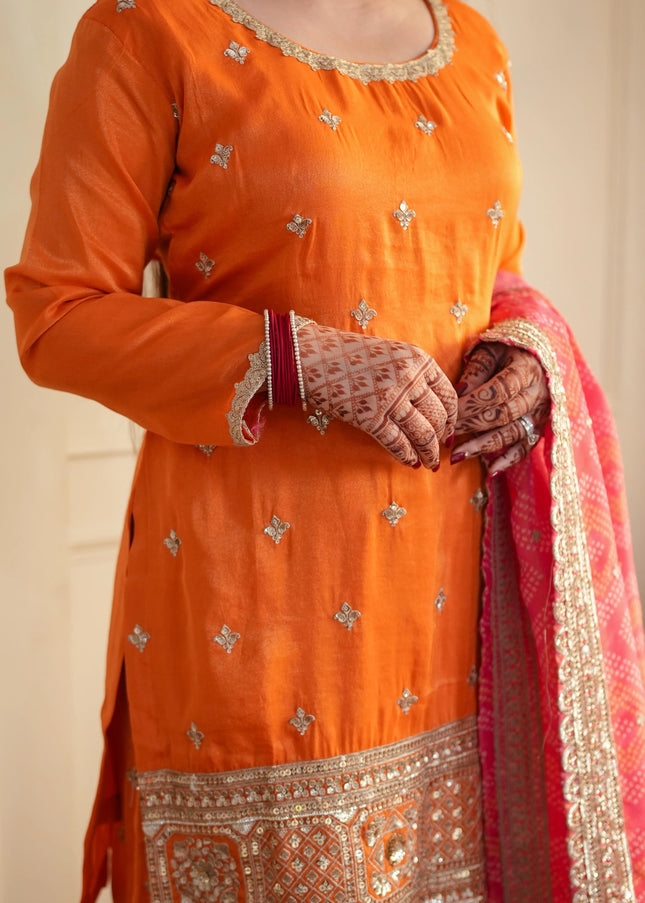 Orange Embroidered Sharara Suit