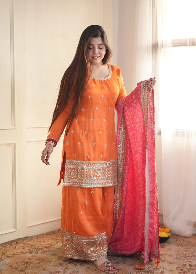 Orange Embroidered Sharara Suit