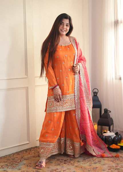 Orange Embroidered Sharara Suit