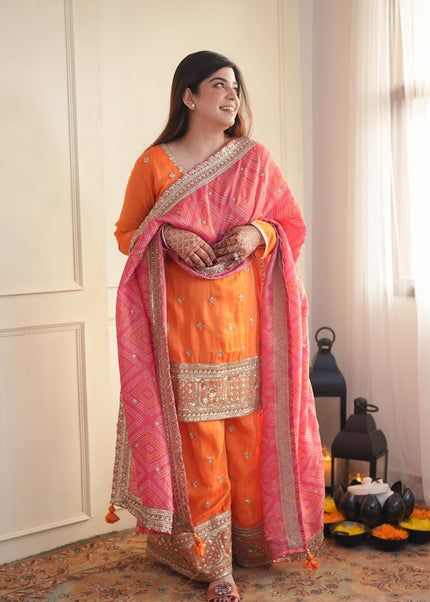 Orange Embroidered Sharara Suit