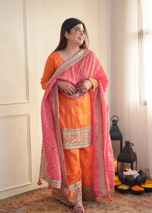 Orange Embroidered Sharara Suit