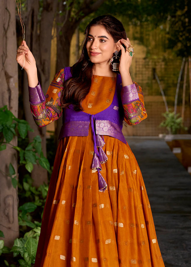 Mustard Yellow and Blue Printed and Embroidered Jacket Style Anarkali Gown