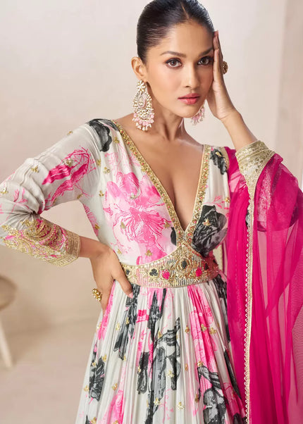 Offwhite Printed and Embroidered Anarkali Gown
