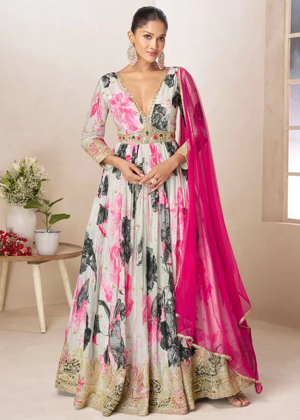 Offwhite Printed and Embroidered Anarkali Gown