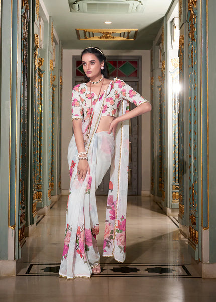 White Floral Printed Saree
