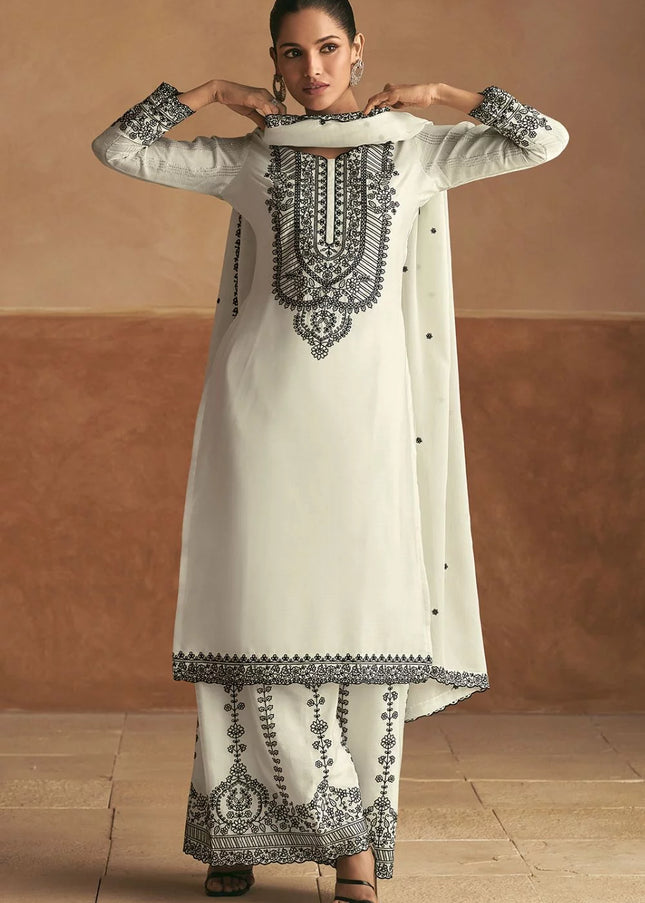 White Embroidered Palazzo Suit