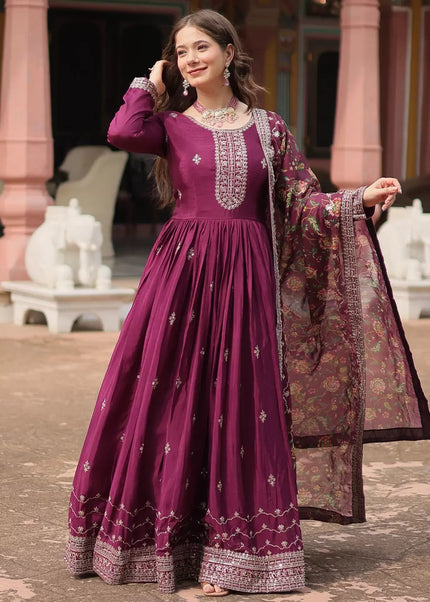 Purple Embroidered Anarkali Gown