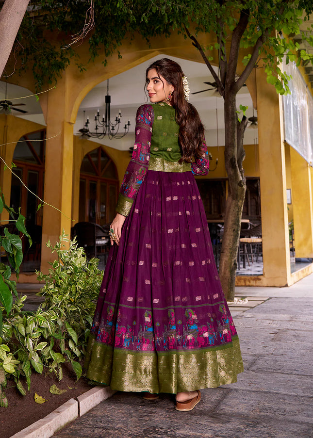 Purple and Green Printed and Embroidered Jacket Style Anarkali Gown