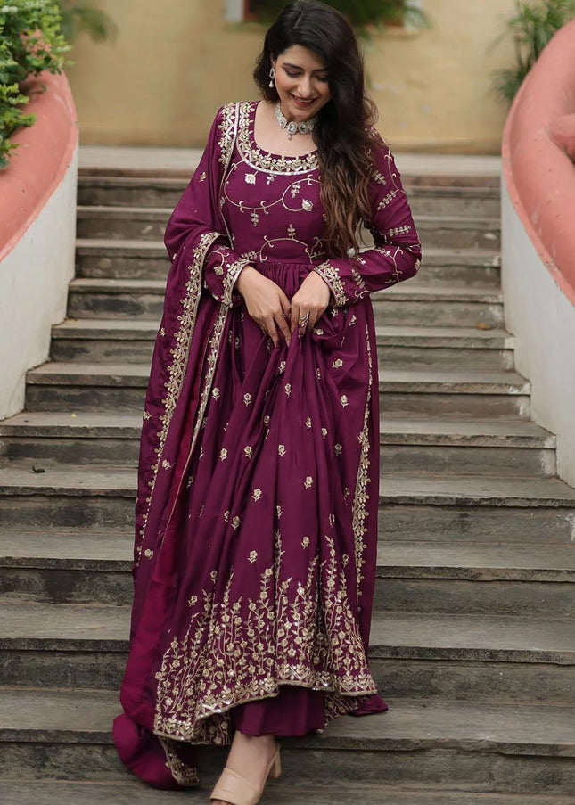 Wine Embroidered Sharara Suit