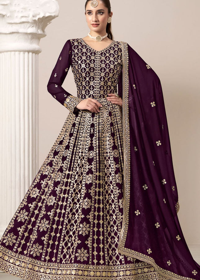 Wine Embroidered Anarkali