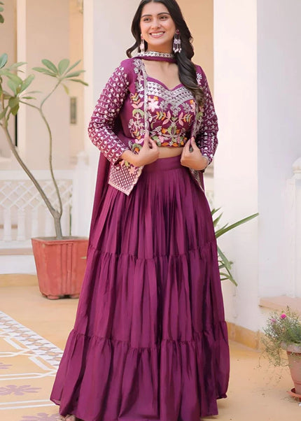 Wine Embroidered Jacket style Lehenga Choli