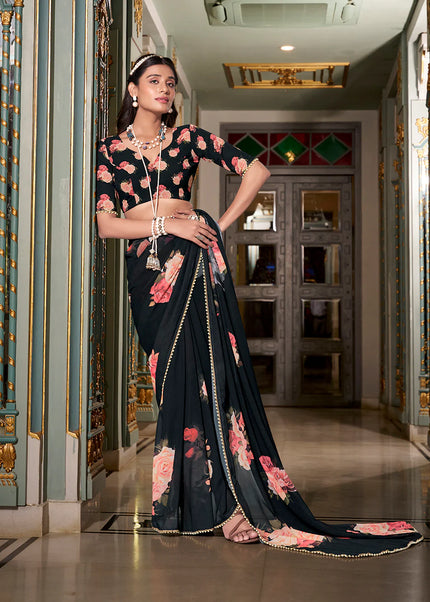Black Floral Printed Saree
