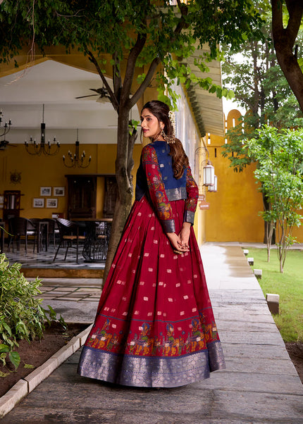 Maroon and Blue Printed and Embroidered Jacket Style Anarkali Gown