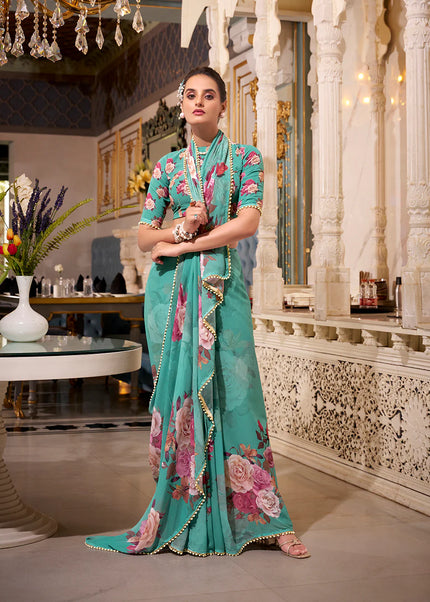 Turquoise Floral Printed Saree