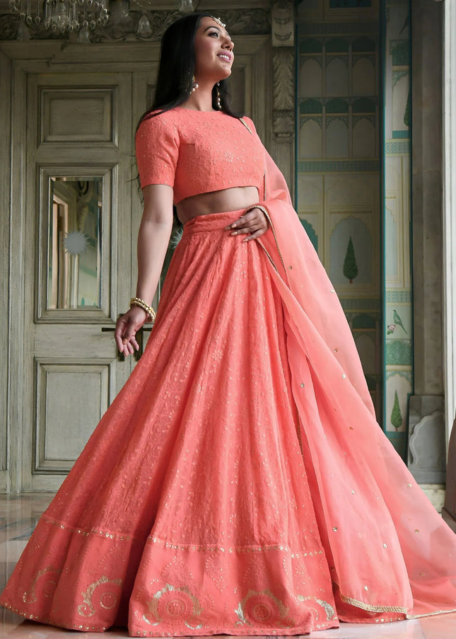 Peach Embroidered Lehenga Choli