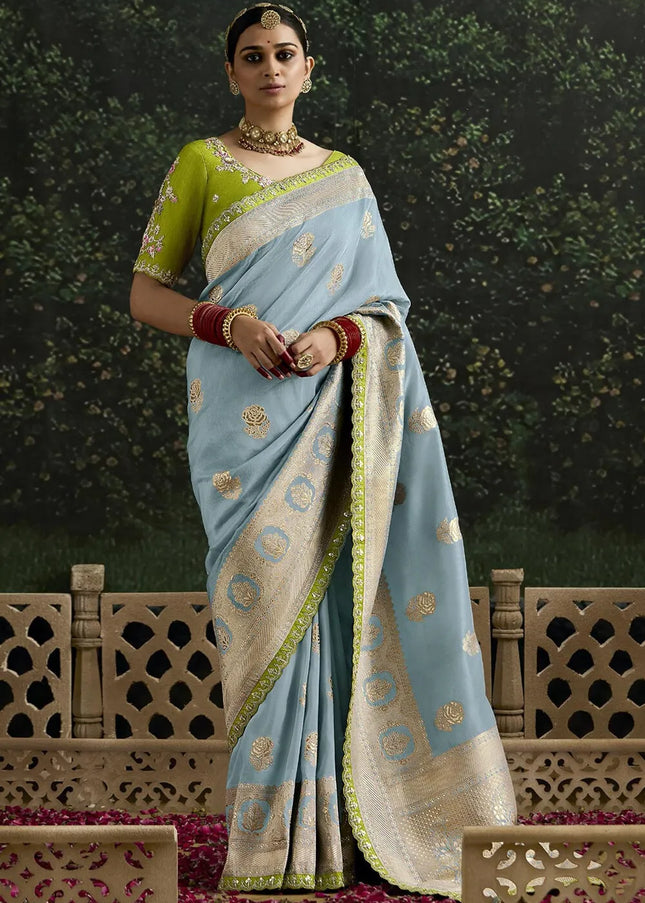 Green and Sky Blue Embroidered Wedding Saree