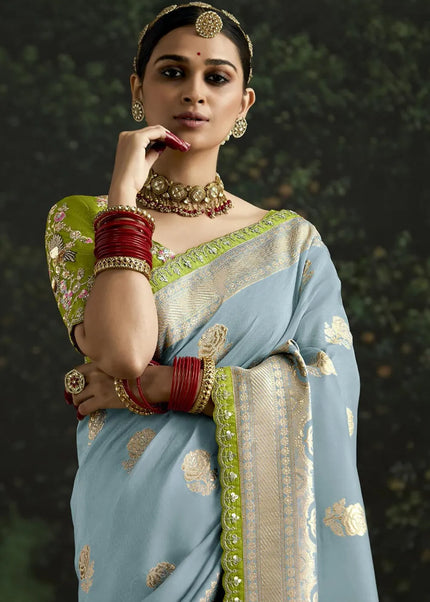 Green and Sky Blue Embroidered Wedding Saree