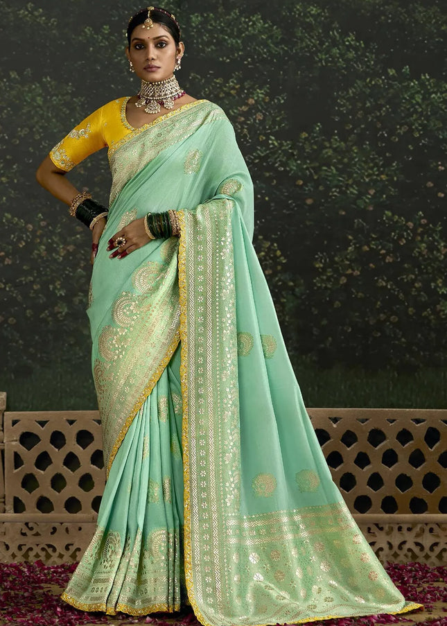 Yellow and Sky Blue Embroidered Wedding Saree