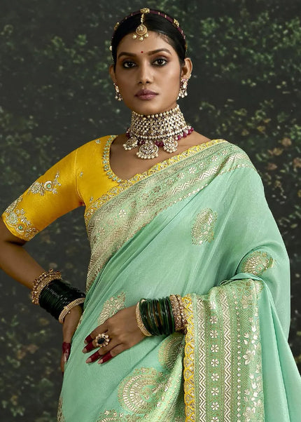 Yellow and Sky Blue Embroidered Wedding Saree