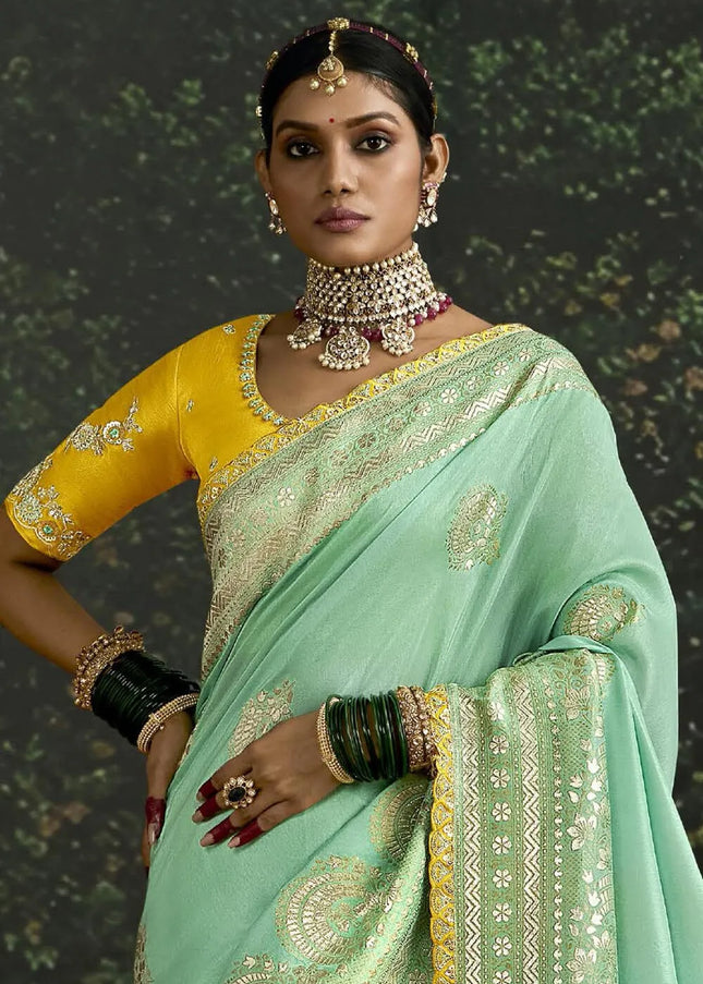 Yellow and Sky Blue Embroidered Wedding Saree