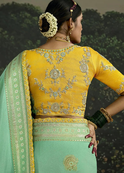 Yellow and Sky Blue Embroidered Wedding Saree