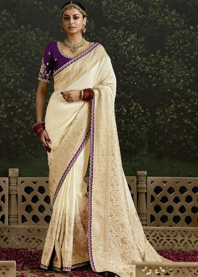 Violet and White Embroidered Wedding Saree