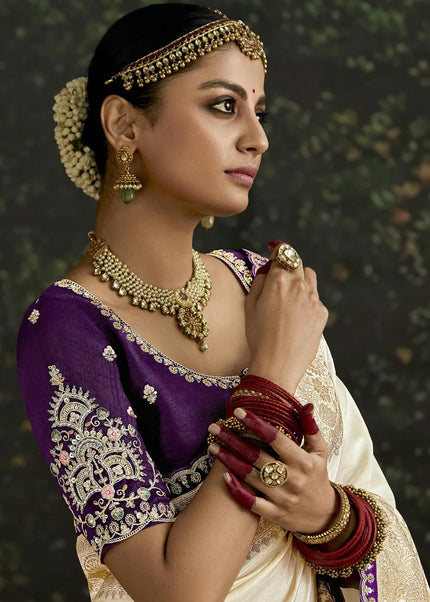 Violet and White Embroidered Wedding Saree